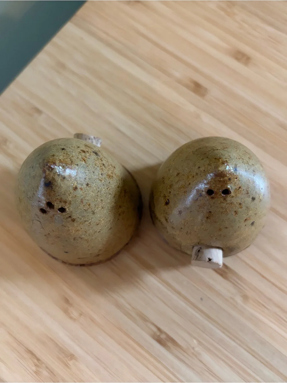 Adorable Little Handmade Pottery Salt and Pepper Shakers in Speckled Olive